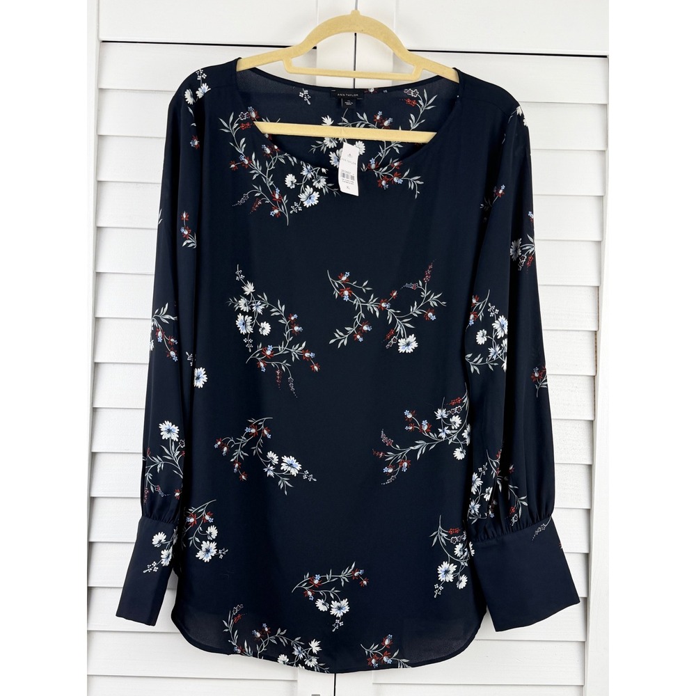 Ann Taylor Blouse XL Navy Floral Long Sleeve Scoop Neck NEW